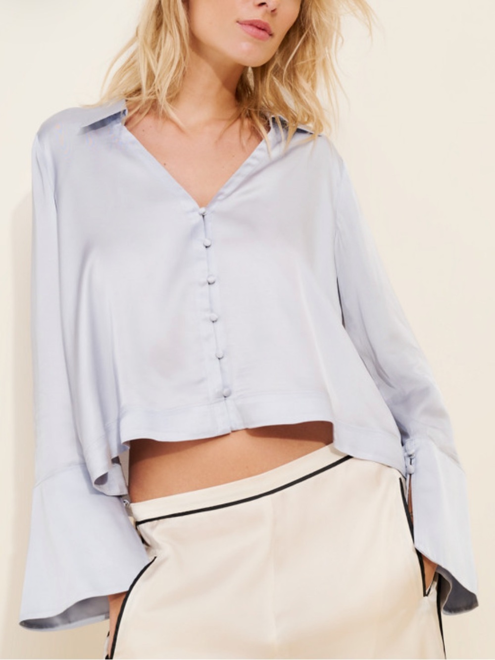 Anthropologie Pale Blue Slinky V-Neck Button-Front Blouse